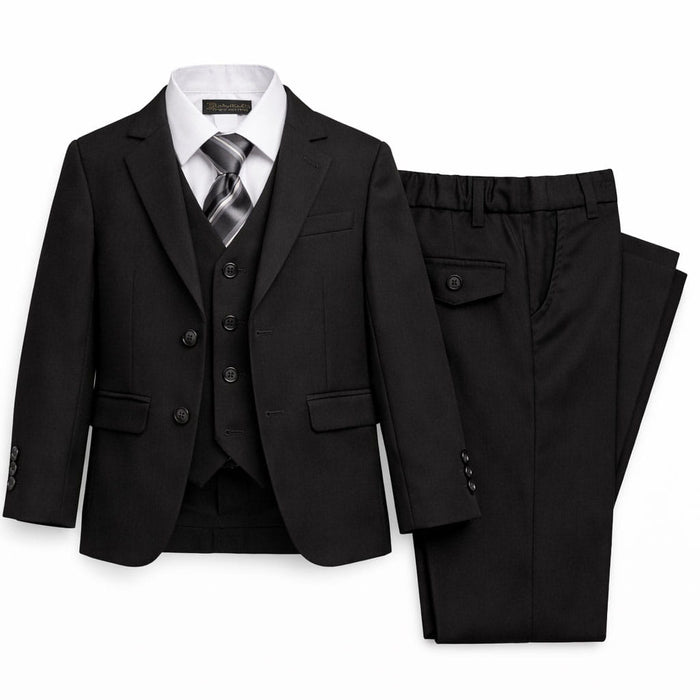 Children's black suit set with jacket, vest, pants, white shirt, and striped tie