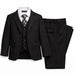 Children's black suit set with jacket, vest, pants, white shirt, and striped tie
