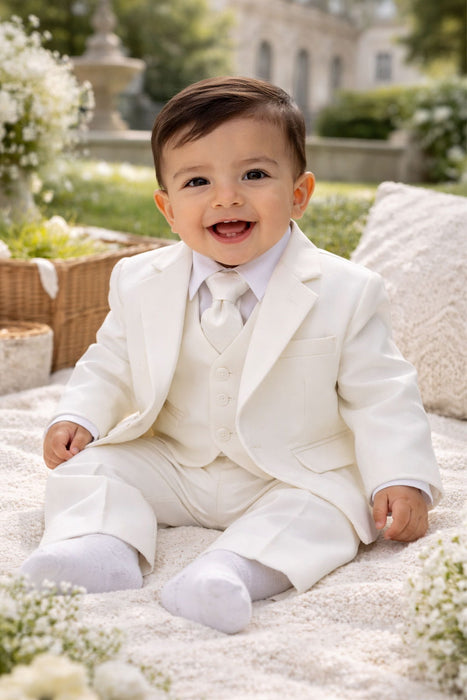 8041 Ivory baby suit shown on a smiling baby sitting outdoors on a white blanket.