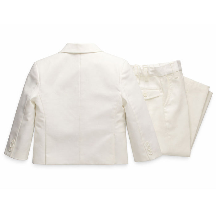 Ivory boys formal suit with jacket and pants displayed flat on a white background.