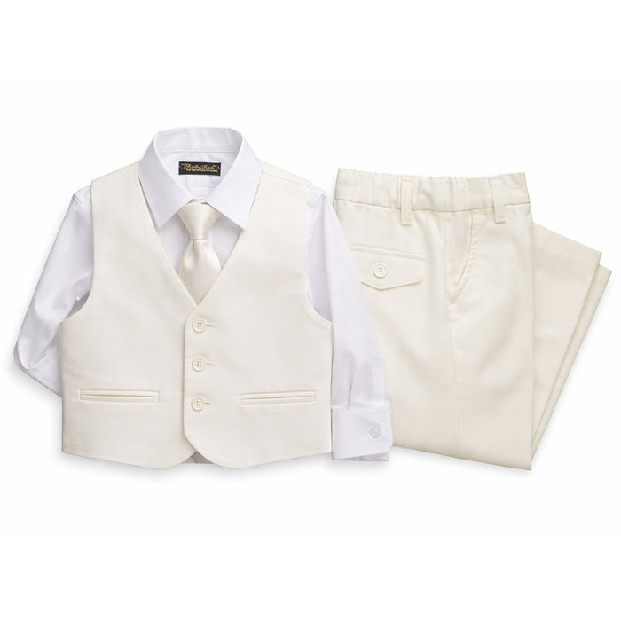 Ivory kids' suit set with dress shirt, vest, tie, and trousers displayed neatly on a white background.
