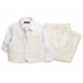 Ivory kids' suit set with dress shirt, vest, tie, and trousers displayed neatly on a white background.