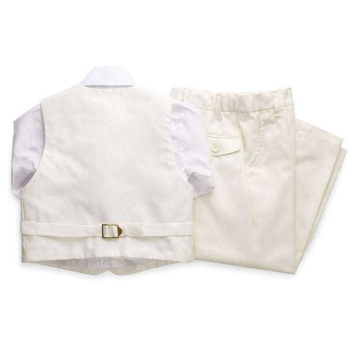 Ivory boys suit vest and pants set displayed flat on a white background.