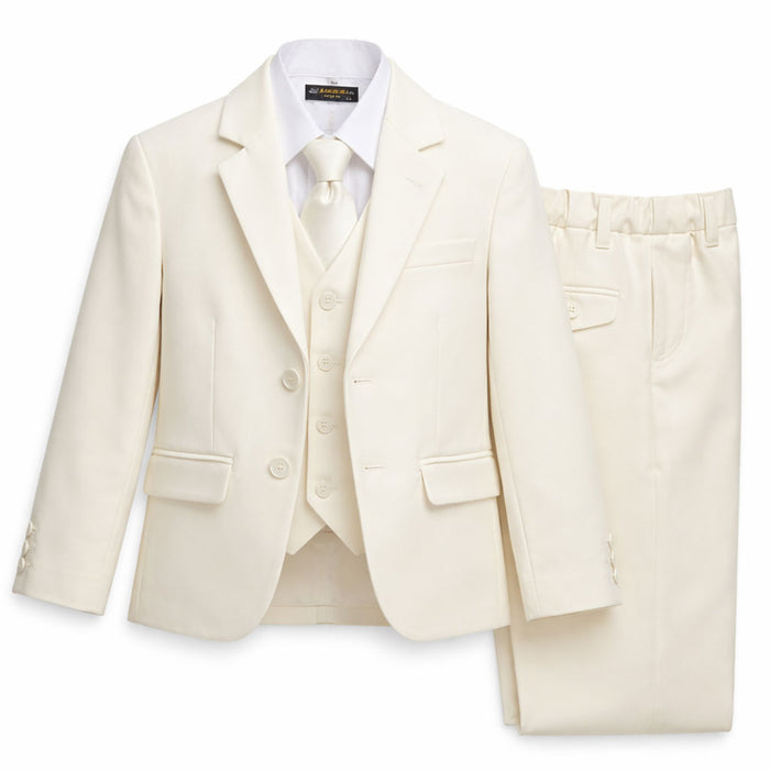 Ivory boys' formal suit with jacket, vest, tie, and dress pants displayed on a white background.