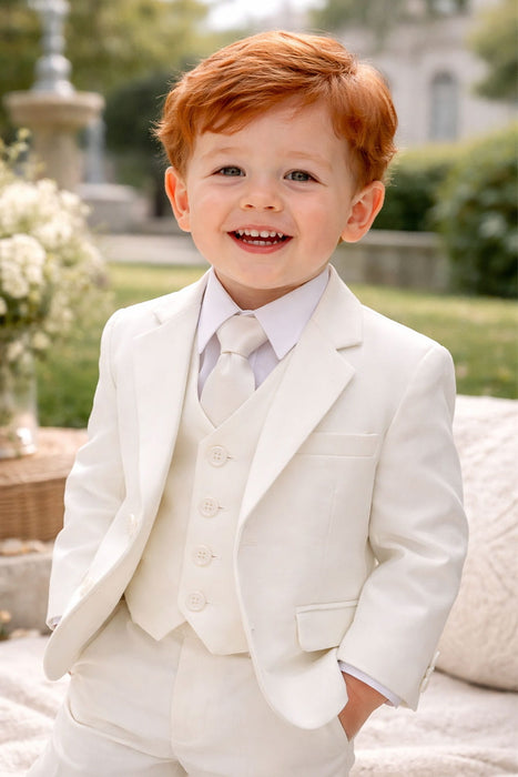 Ivory toddler suit shown on a smiling young boy outdoors, ideal for special occasions.