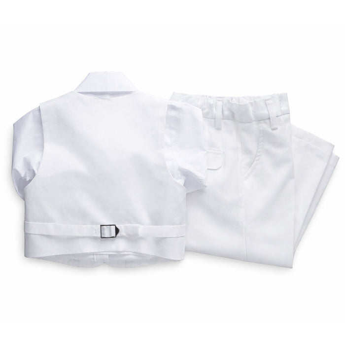 White boys suit with vest and pants displayed flat on a white background.