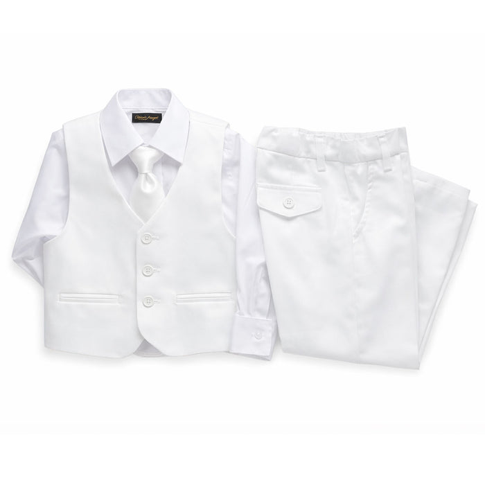 Boys white formal suit set with shirt, vest, tie, and pants laid flat on a white background.