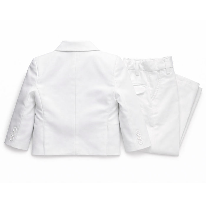 Children’s white formal suit jacket and pants set shown flat on a plain white background.