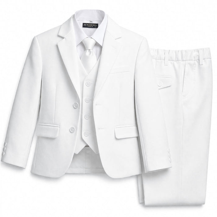 Boys white formal suit with jacket, vest, shirt, tie, and pants displayed on a plain background.