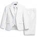 Boys white formal suit with jacket, vest, shirt, tie, and pants displayed on a plain background.