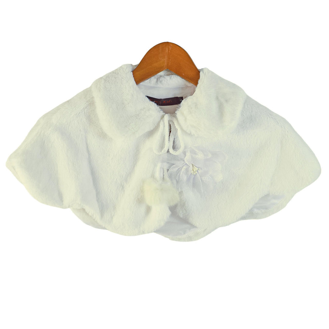 Ivory fur bolero for kids with pompom tie cords and floral detail, displayed on a hanger.