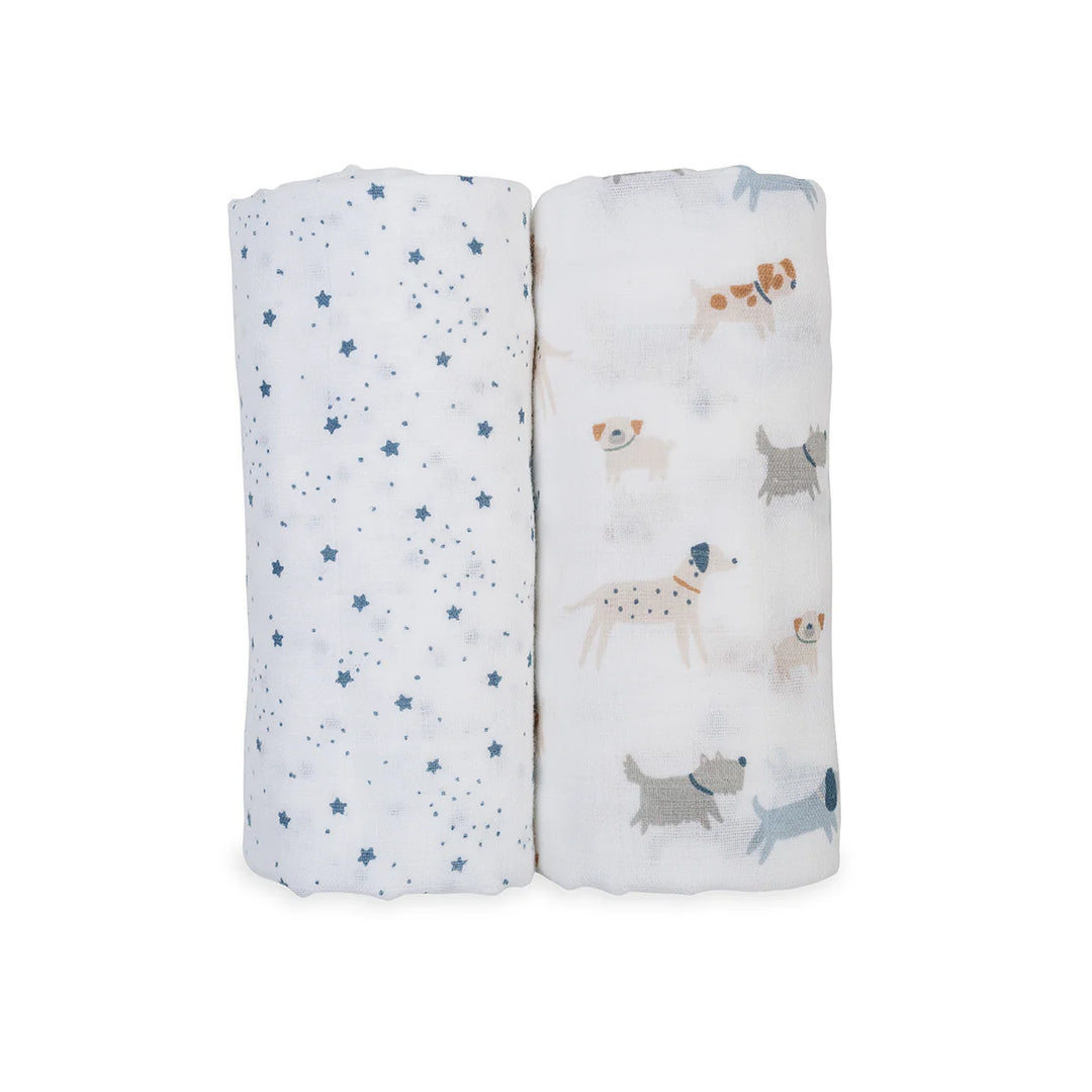 Set of two muslin baby blankets, one with blue stars and one with dog print pattern