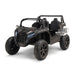 Kids black ride-on racing car toy with off-road wheels shown on a white background.