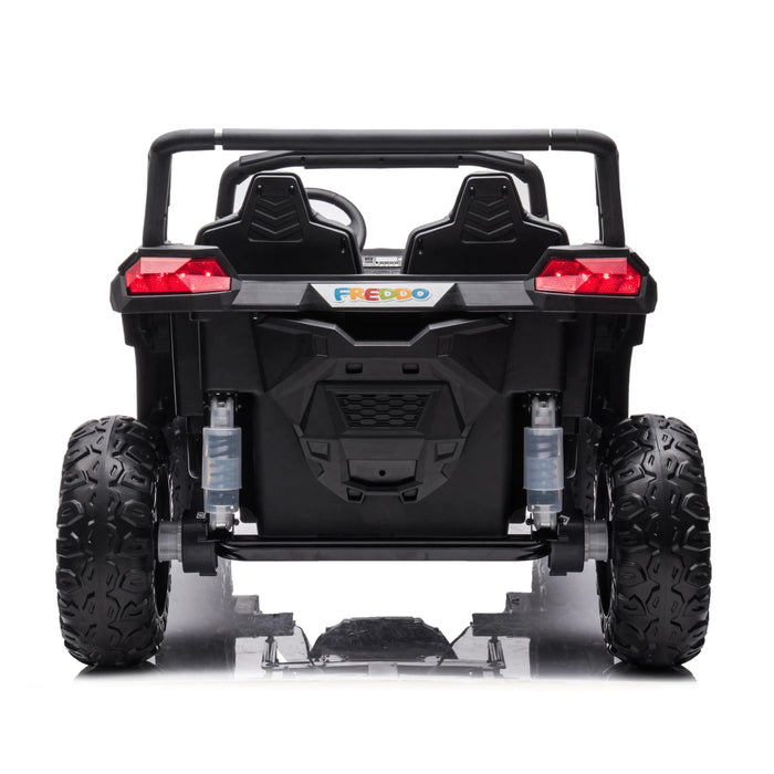 Freddo ride-on toy car rear view showing large tires and back seats on white background.