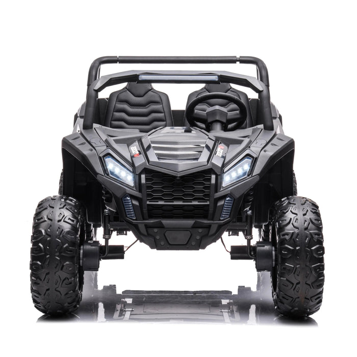 Kids ride-on off-road toy car with LED headlights shown from the front on a white background.