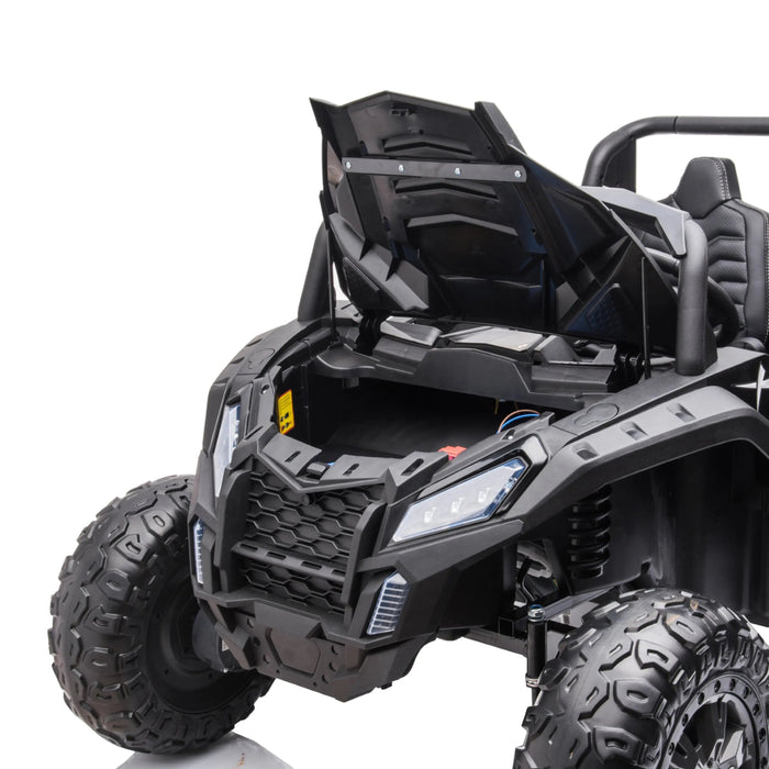 Kids ride-on toy car with front storage compartment open, shown in close-up on white background.