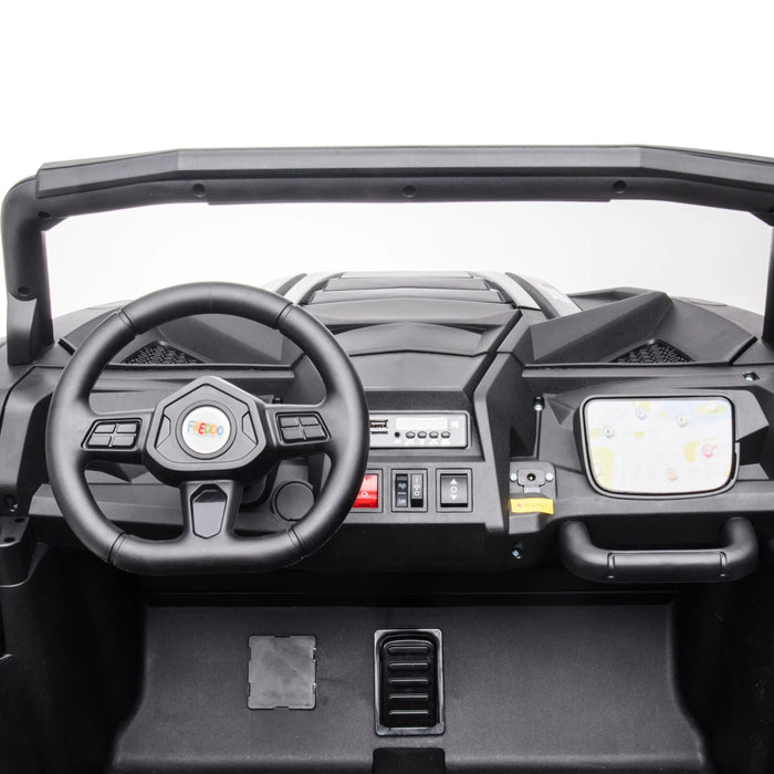 Fiedo kids ride-on car dashboard with steering wheel, control buttons, and display panel shown close up.