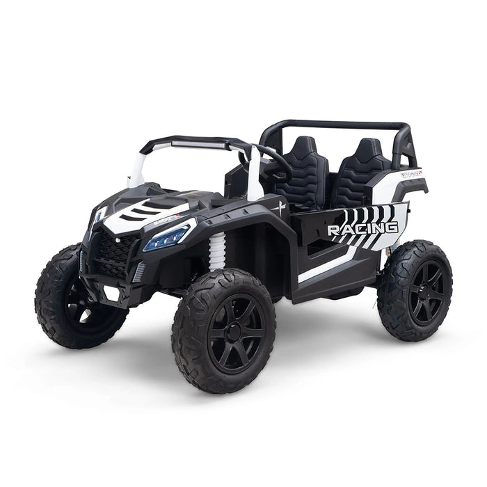 Kids' ride-on racing car in black and white with two seats, shown on a white background.