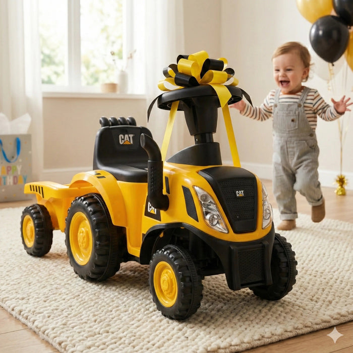 CAT ride-on toy tractor with trailer, large bow on steering wheel, in a bright playroom with a smiling toddler nearby.