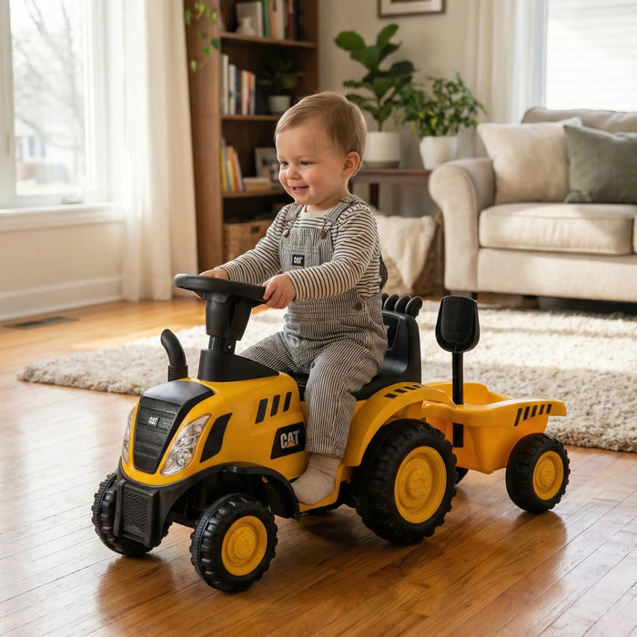 CAT ride-on toy tractor with trailer, shown indoors with a toddler riding it on a wood floor.