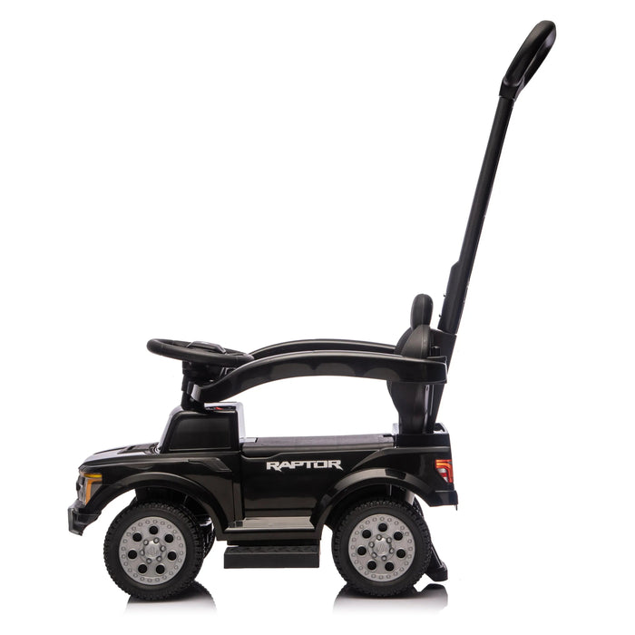 Raptor ride-on push car for kids shown in black with handlebar, photographed on white background.