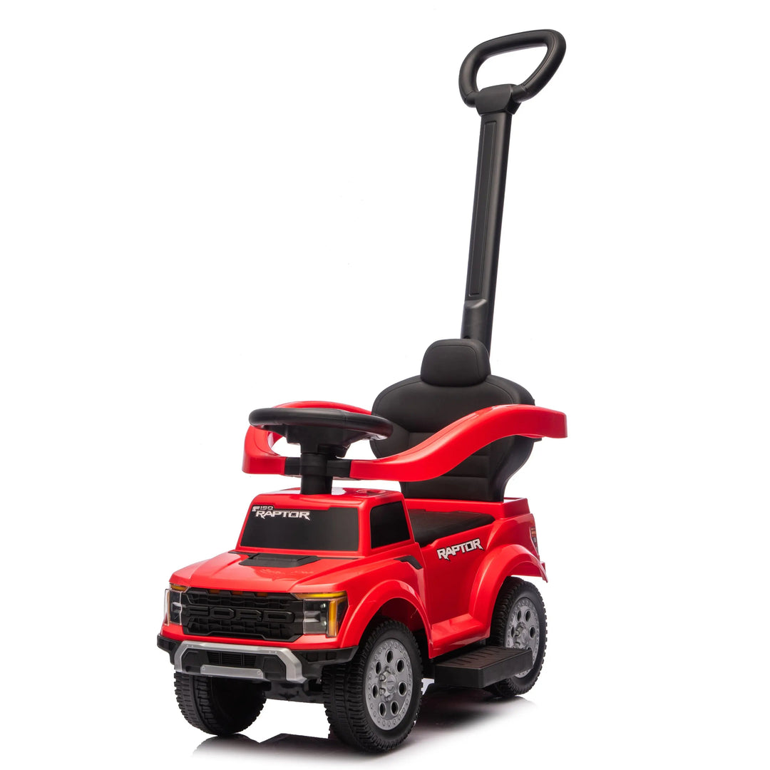 Ford Raptor red ride-on toy car with push handle shown on a white background.
