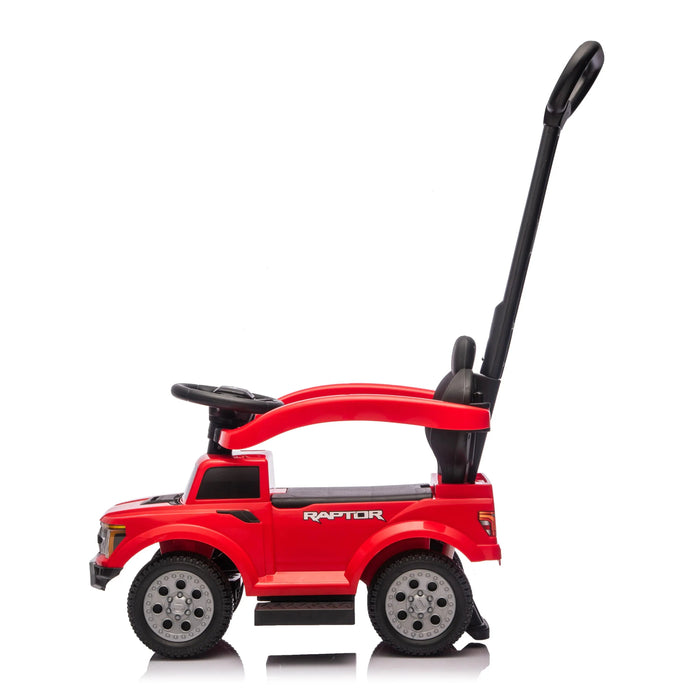 Raptor red ride-on toy car for kids shown in profile with push handle and safety bar.