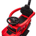 Red Raptor ride-on toy car for kids with black seat, steering wheel, and safety bar, close-up view.