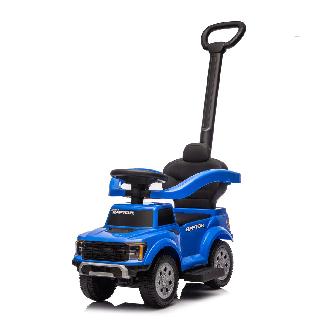 Ford Raptor blue ride-on push car for kids with steering wheel and safety handle, on white background.