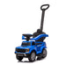 Ford Raptor blue ride-on push car for kids with steering wheel and safety handle, on white background.