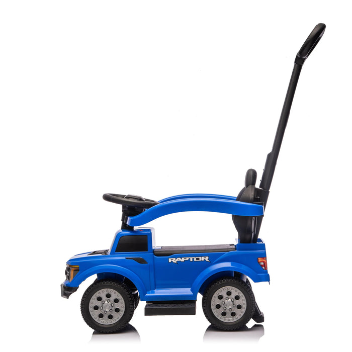 Raptor blue ride-on toy car for kids with steering wheel and push handle on white background.