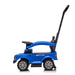 Raptor blue ride-on toy car for kids with steering wheel and push handle on white background.