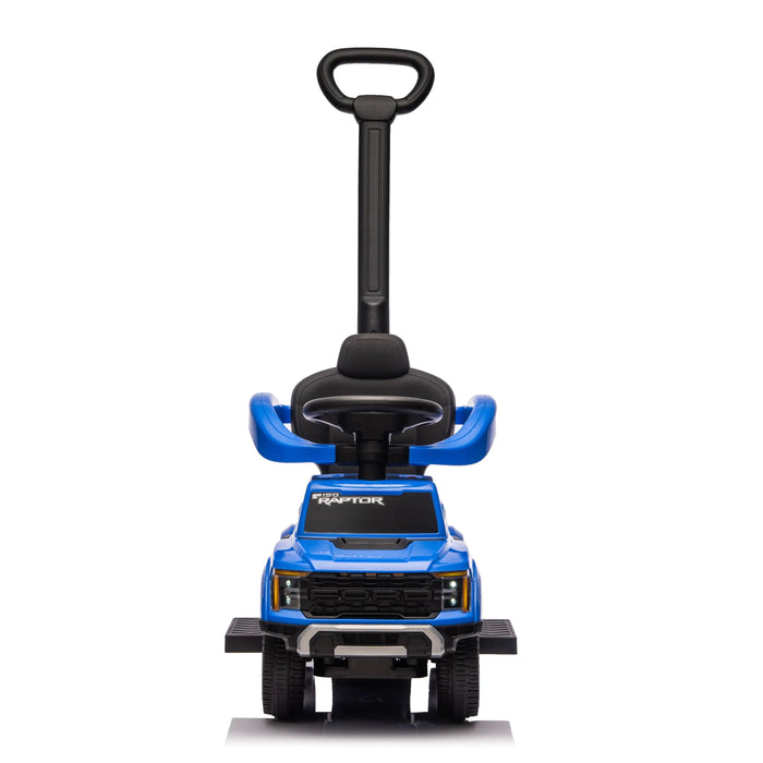 Ford Raptor blue ride-on push car for toddlers shown with side rails and a push handle.