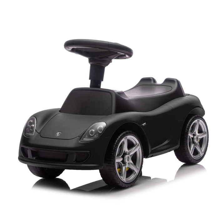 Children's black ride-on toy car with a steering wheel shown on a white background.