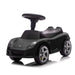 Children's black ride-on toy car with a steering wheel shown on a white background.