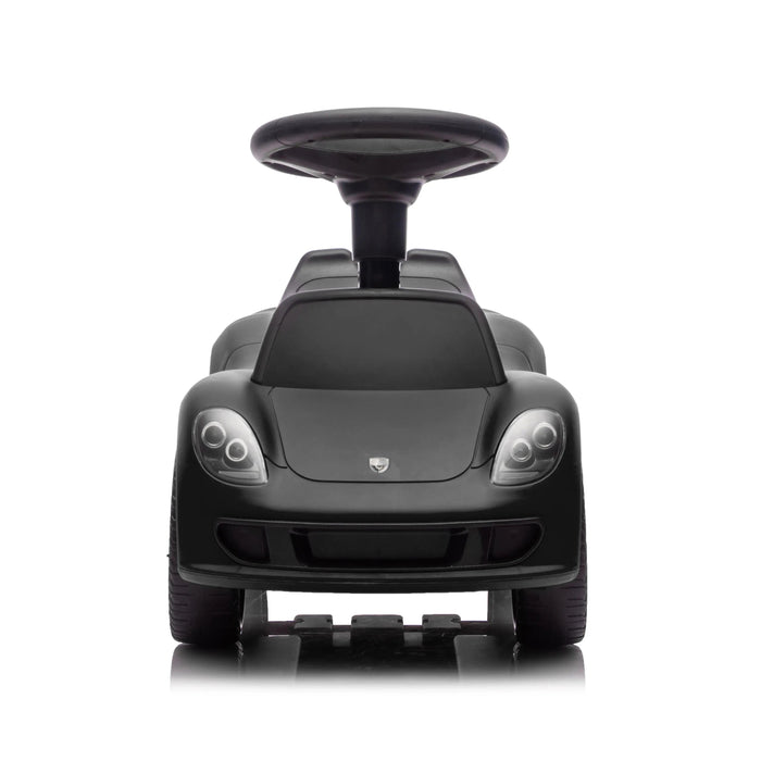 Black ride-on toy car for kids shown from the front on a white background.