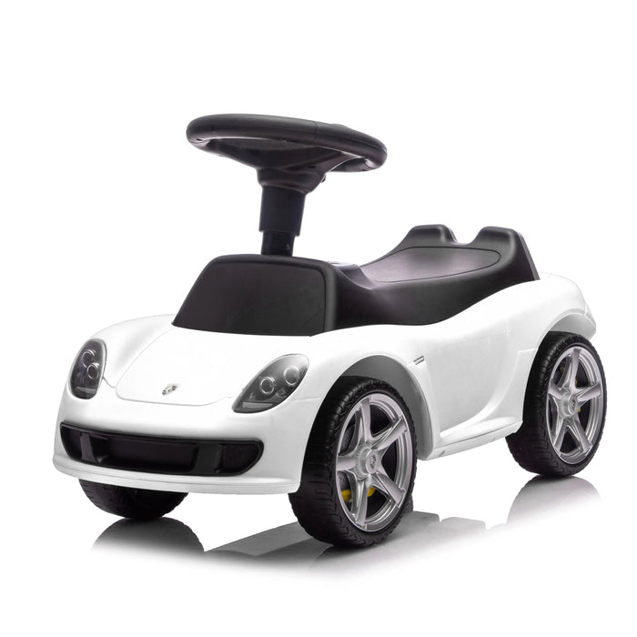 White ride-on toy car with black seat and steering wheel, shown on a white background.
