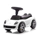 White ride-on toy car with black seat and steering wheel, shown on a white background.