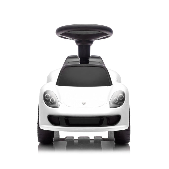 White ride-on toy car for toddlers shown from the front against a white background.