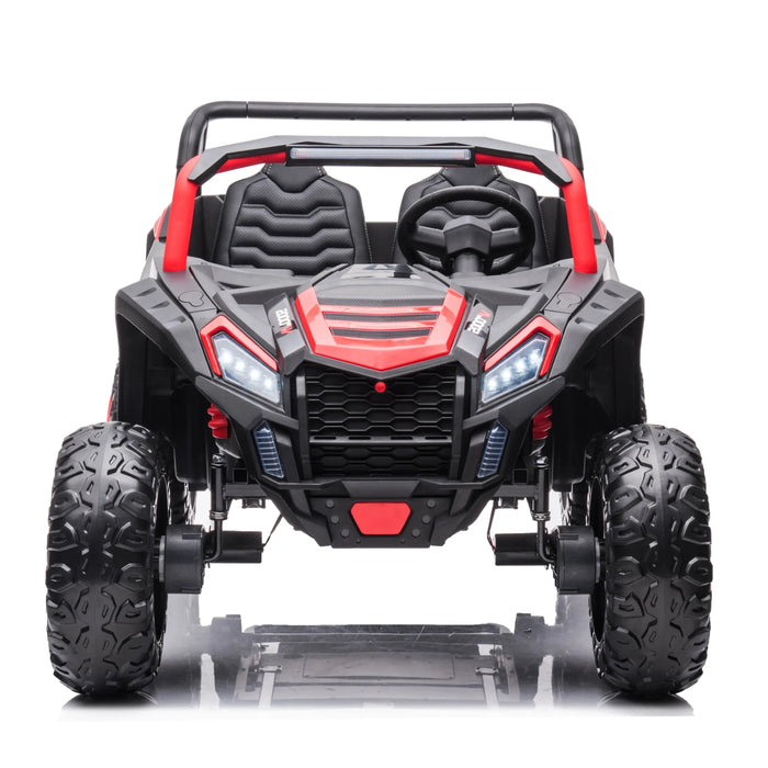 Kids ride-on toy car with black and red body, shown from the front against a white background.