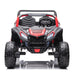 Kids ride-on toy car with black and red body, shown from the front against a white background.