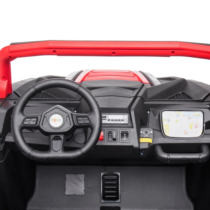 Fieeoo ride-on toy car dashboard close-up showing steering wheel and control panel features.