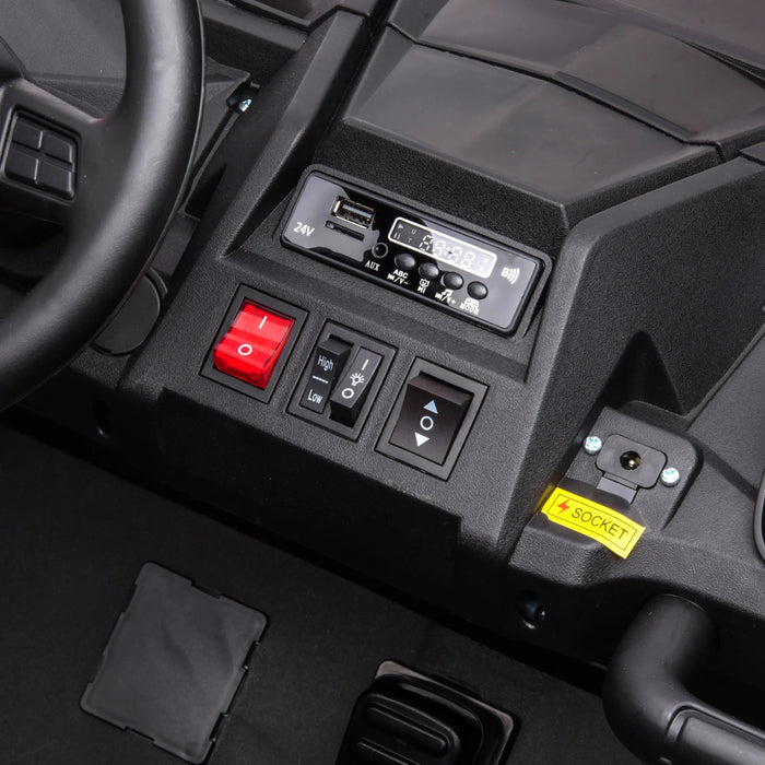 Ride-on toy car dashboard close-up showing power switch, control buttons, and USB input.