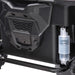 Close-up of stroller suspension system showing detailed shock absorber and wheel frame.
