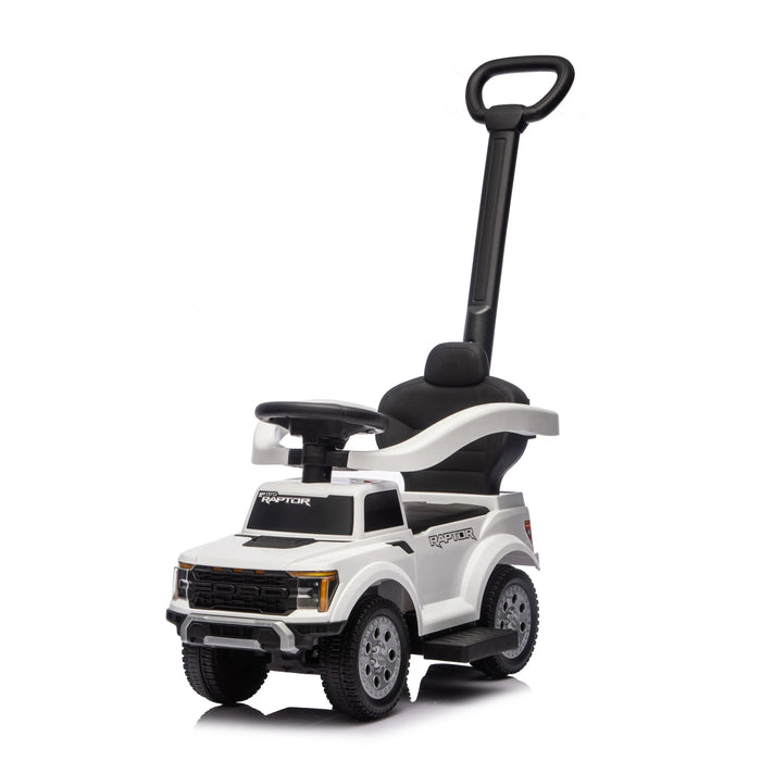 Ford Raptor white ride-on toy car for kids with push handle shown on a plain background.