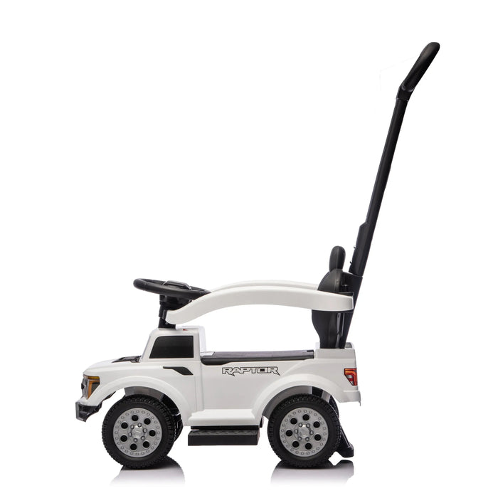 White Raptor ride-on toy car for kids with push handle, shown on a white background.