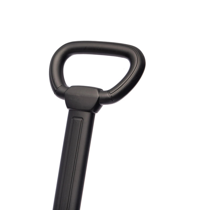 Black stroller handlebar close-up against a white background, showing ergonomic grip detail.
