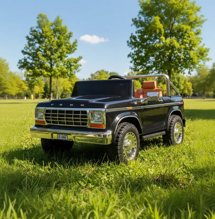 Kids' black Ford ride-on toy car parked on grass in a sunny park with green trees.