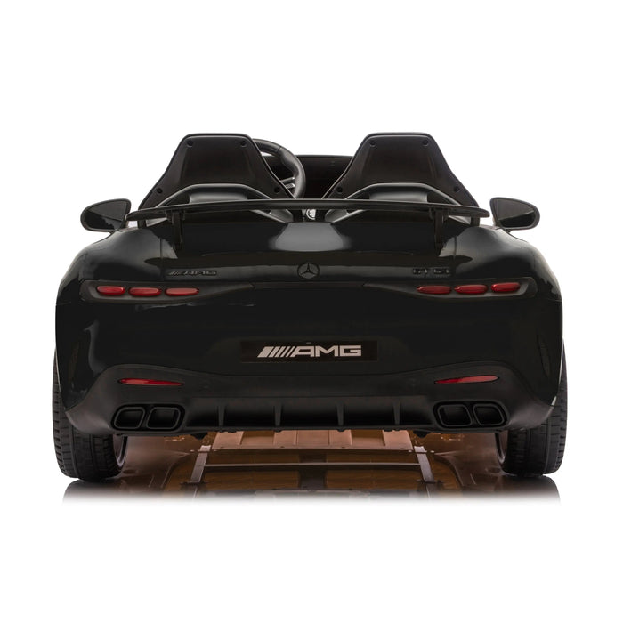 Kids ride-on black AMG sports car shown from the back with twin seats and detailed taillights.