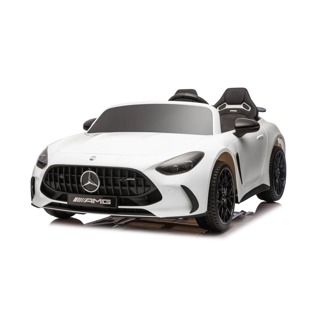 Kids white Mercedes-Benz AMG ride-on car photographed on a plain white background.
